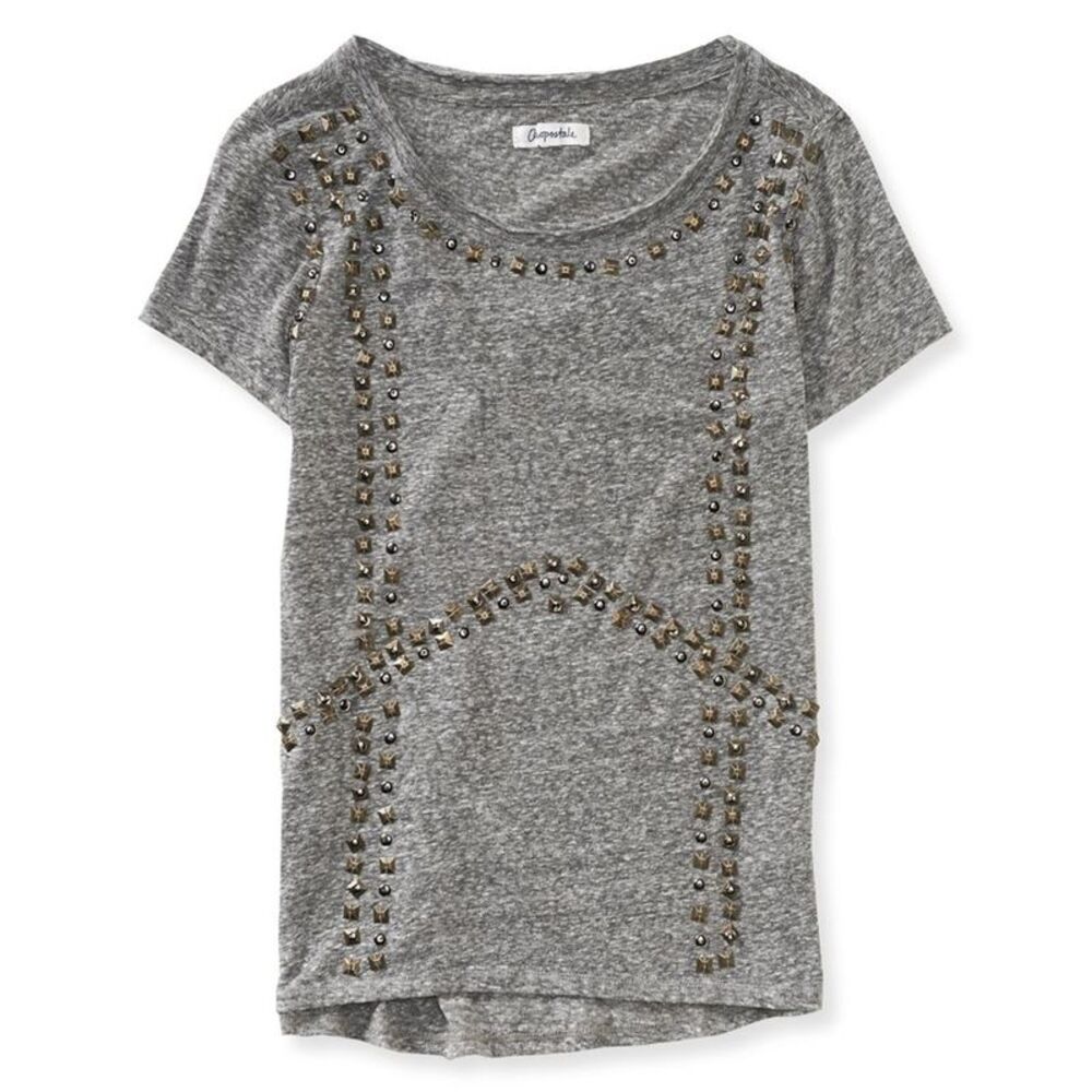 Aeropostale Womens Studded Scoop Neck Embellished T-Shirt, Grey, Juniors, XS, DM